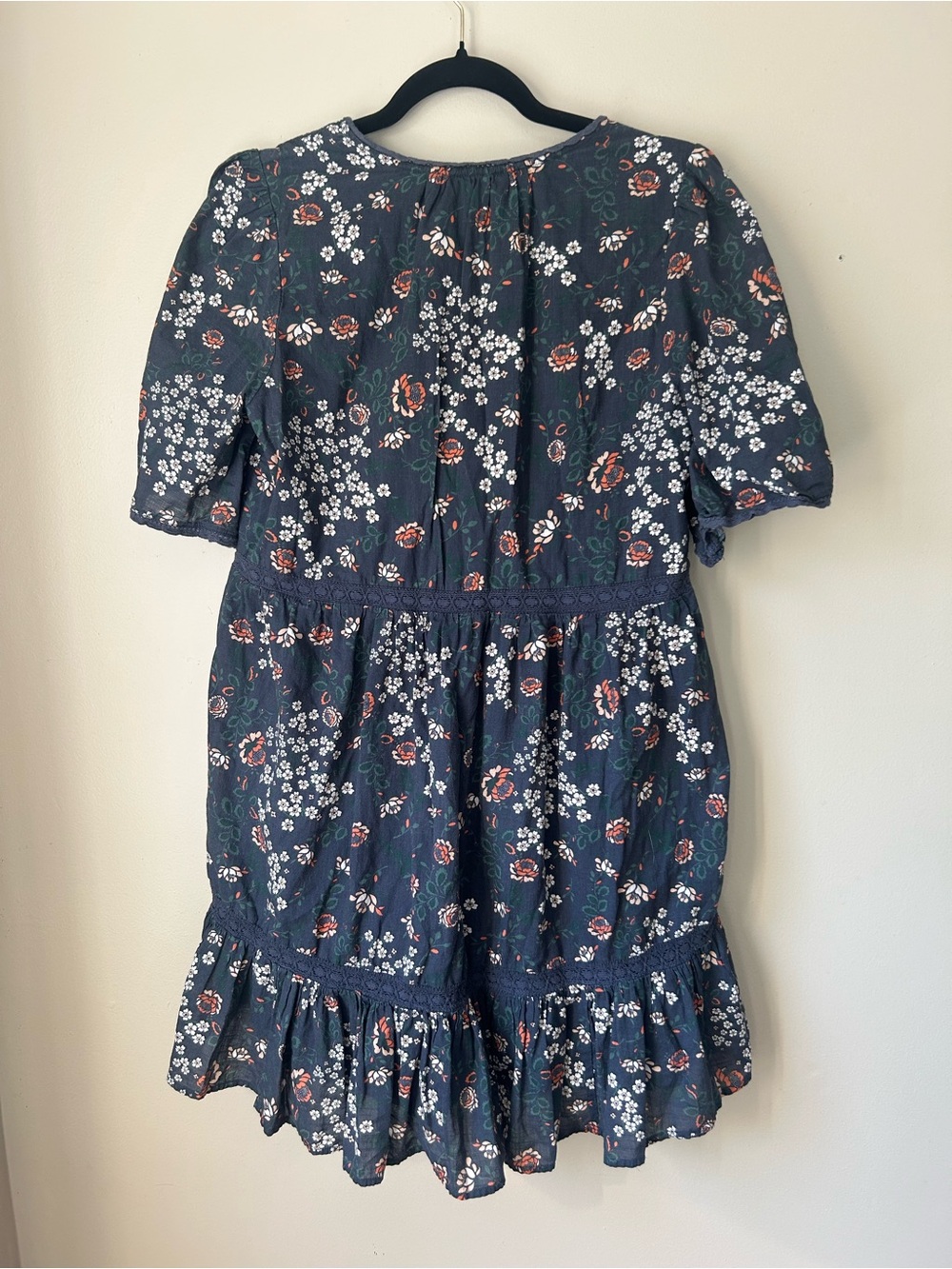 Anthropologie Navy Floral Cotton Flutter Sleeve Tiered Mini Dress Size S - Picture 4 of 8